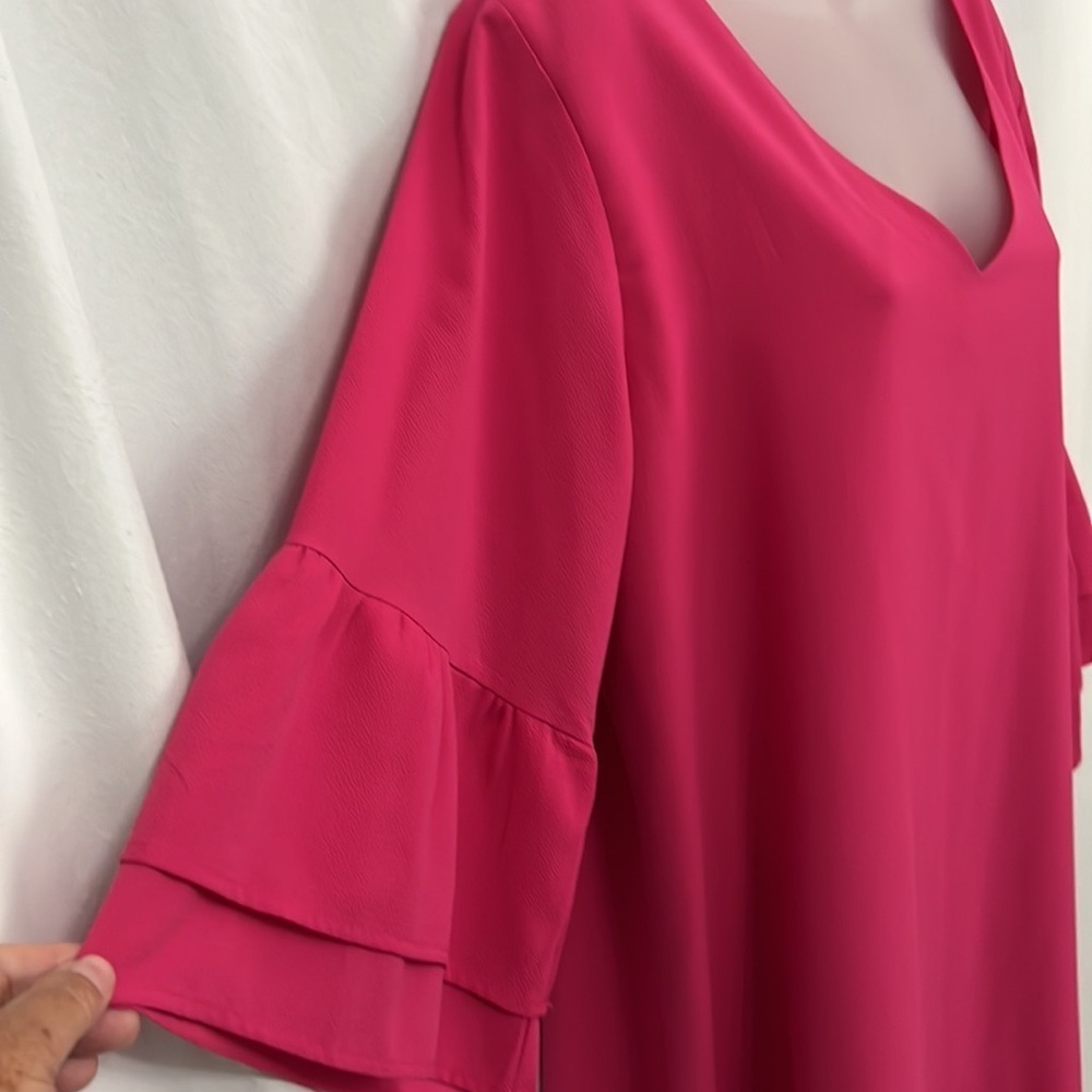 Belongsci Womens Vibrant Pink V-Neck Shift Dress with Ruffle Sleeves Size XL - Picture 2 of 7